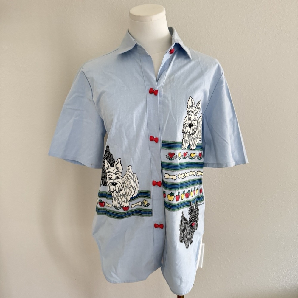 Vtg 90s KWBL Chambray Shirt Womens S Puffy Paint Scottie Dogs Apple Teacher Core